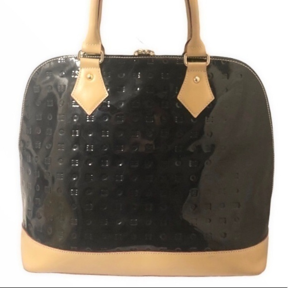 Arcadia black patent leather embossed satchel bag